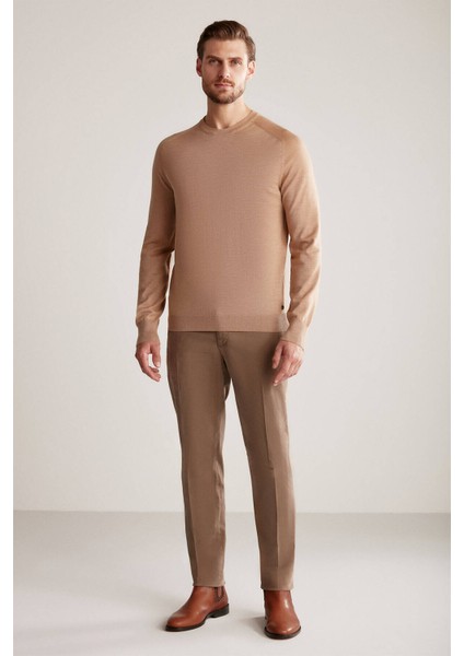 Slim Fit Bisiklet Yaka Camel Merino Yün Triko indirimleri