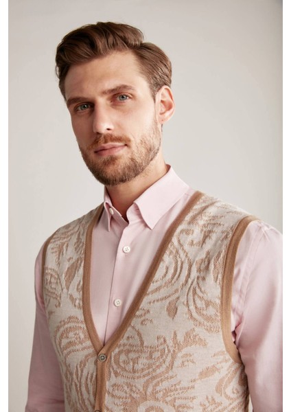 Şal Desenli Camel Merino Yün Triko Yelek fiyatları