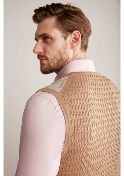 Şal Desenli Camel Merino Yün Triko Yelek modelleri