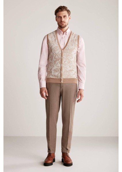 Şal Desenli Camel Merino Yün Triko Yelek indirimleri