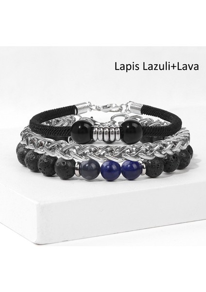 1.lapis Lazuli 19 cm Moda Lapis Lazuli Taş Boncuklu Bilezik Seti Zincir Bilezikler Erkekler Için El Yapımı Klasik Çelik Zincir Deri Bileklikler Takı (Yurt Dışından)