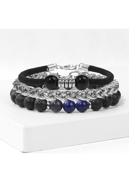 1.lapis Lazuli 19 cm Moda Lapis Lazuli Taş Boncuklu Bilezik Seti Zincir Bilezikler Erkekler Için El Yapımı Klasik Çelik Zincir Deri Bileklikler Takı (Yurt Dışından)