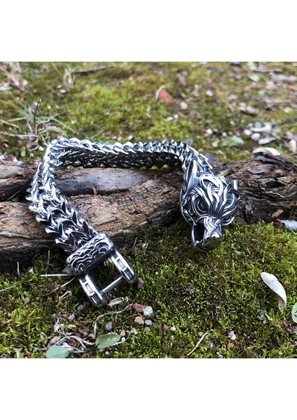 Fotoğraf Rengi 21 cm Titanyum Çelik Moda Takı Vikings Erkek Bilezik Otoriter Retro Aksesuarları Kalın Zincir Paslanmaz Çelik Kurt Bilezik (Yurt Dışından)