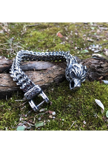 Fotoğraf Rengi 21 cm Titanyum Çelik Moda Takı Vikings Erkek Bilezik Otoriter Retro Aksesuarları Kalın Zincir Paslanmaz Çelik Kurt Bilezik (Yurt Dışından) fiyatları