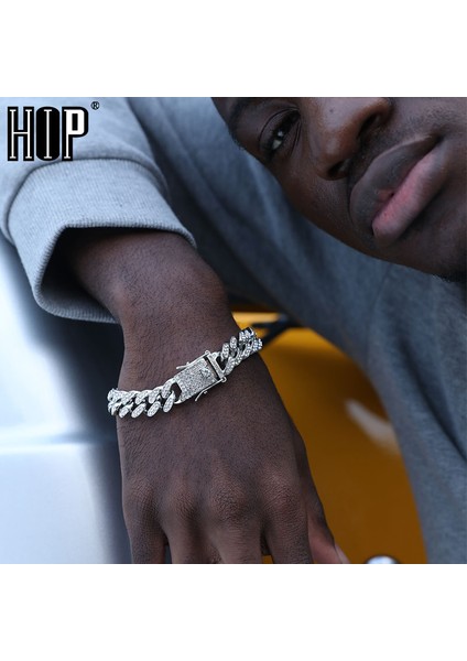 10MM Gümüş 18 cm Hip Hop Bling Buzlu Out Erkek Rapçi Bilezik Tam Rhinestone Açacağı Kelebek Miami Küba Link Zinciri Bilezik Erkekler Için Takı (Yurt Dışından)