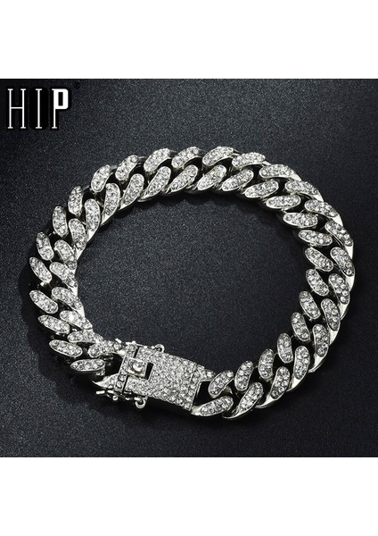 10MM Gümüş 18 cm Hip Hop Bling Buzlu Out Erkek Rapçi Bilezik Tam Rhinestone Açacağı Kelebek Miami Küba Link Zinciri Bilezik Erkekler Için Takı (Yurt Dışından)
