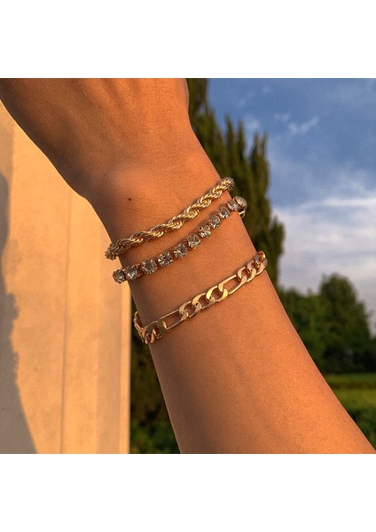Altın Set 13 4 Adet/takım Lüks Parlak Rhinestone Bilezik Seti Bileklik Kadın Erkek Ayarlanabilir Temizle Kristal Tıknaz Bağlantı Charm Bilezik El Takı (Yurt Dışından)