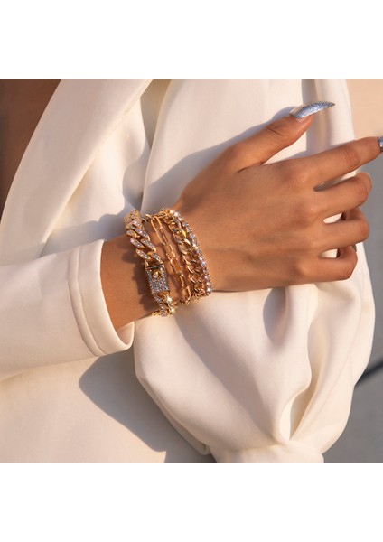 Altın Set 13 4 Adet/takım Lüks Parlak Rhinestone Bilezik Seti Bileklik Kadın Erkek Ayarlanabilir Temizle Kristal Tıknaz Bağlantı Charm Bilezik El Takı (Yurt Dışından) fiyatları