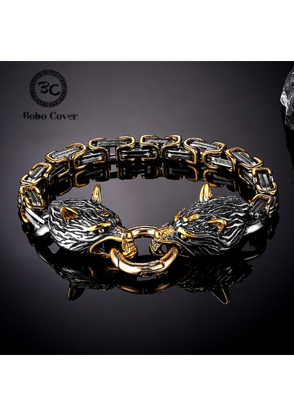 Çelik Siyah 23 cm Iskandinav Viking Celtic Kurt Başkanı Bilezik Erkekler Paslanmaz Çelik Odin Kurt Bileklik Muska Asla Solmaz Altın Renk Kral Zincir Kaya Takı (Yurt Dışından) fiyatları