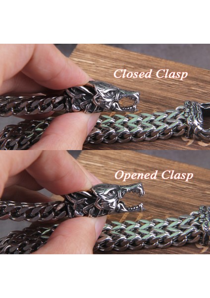 Viking Kurt 19 cm Solmaya Asla Kaya Viking Kurt Bilezik Erkek Paslanmaz Çelik Hasır Zincir Açabilir Kurt Ağzı Punk Bilezikler Biker Takı (Yurt Dışından)
