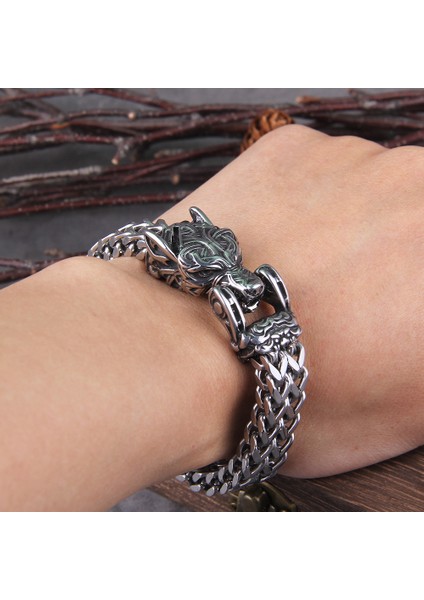 Viking Kurt 19 cm Solmaya Asla Kaya Viking Kurt Bilezik Erkek Paslanmaz Çelik Hasır Zincir Açabilir Kurt Ağzı Punk Bilezikler Biker Takı (Yurt Dışından)
