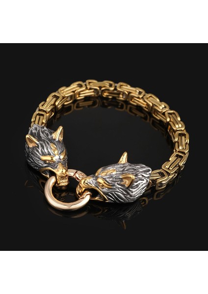 Çelik Altın 19 cm Iskandinav Viking Celtic Kurt Başkanı Bilezik Erkekler Paslanmaz Çelik Odin Kurt Bileklik Muska Asla Solmaz Altın Renk Kral Zincir Kaya Takı (Yurt Dışından)