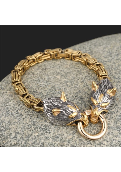 Çelik Altın 19 cm Iskandinav Viking Celtic Kurt Başkanı Bilezik Erkekler Paslanmaz Çelik Odin Kurt Bileklik Muska Asla Solmaz Altın Renk Kral Zincir Kaya Takı (Yurt Dışından)