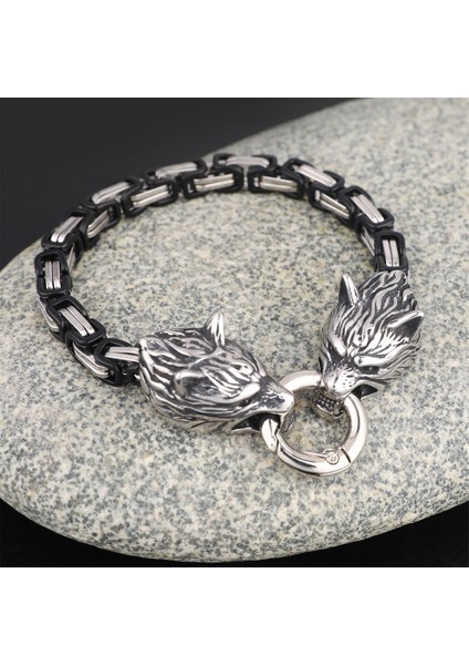 Çelik Altın 19 cm Iskandinav Viking Celtic Kurt Başkanı Bilezik Erkekler Paslanmaz Çelik Odin Kurt Bileklik Muska Asla Solmaz Altın Renk Kral Zincir Kaya Takı (Yurt Dışından)