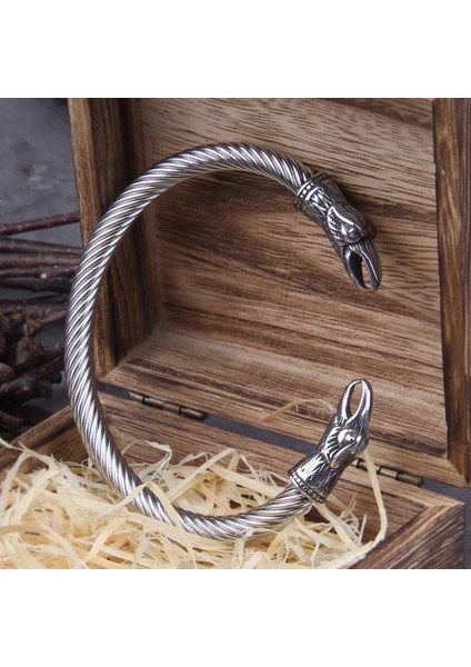 Stil 2 Paslanmaz Çelik Iskandinav Viking Iskandinav Kuzgun Bilezik Erkekler Bileklik Manşet Bilezikler Viking Ahşap Kutu ile (Yurt Dışından) indirimleri