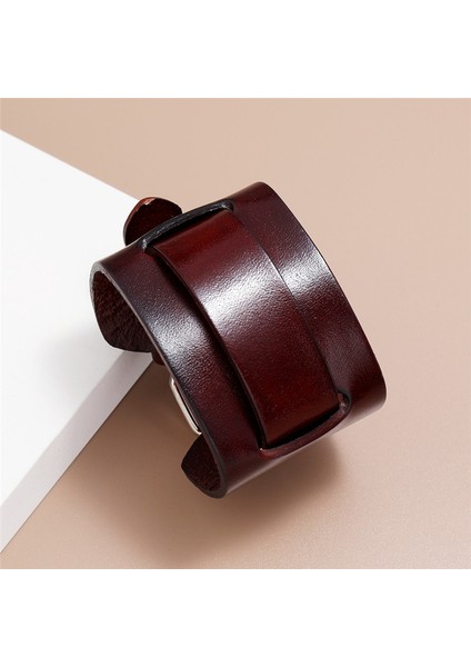 82352 Modyle Moda Geniş Hakiki Deri Bilezik Kahverengi Siyah Geniş Manşet Bileklik Bilezik Vintage Punk Bileklik Erkekler Takı (Yurt Dışından) fırsatları