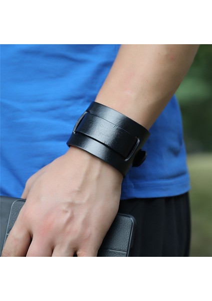 82352 Modyle Moda Geniş Hakiki Deri Bilezik Kahverengi Siyah Geniş Manşet Bileklik Bilezik Vintage Punk Bileklik Erkekler Takı (Yurt Dışından) indirimleri