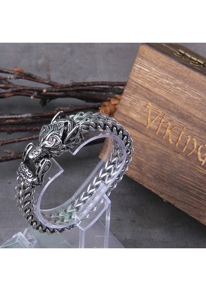 Viking Kurt 18 cm Solmaya Asla Kaya Viking Kurt Bilezik Erkek Paslanmaz Çelik Hasır Zincir Açabilir Kurt Ağzı Punk Bilezikler Biker Takı (Yurt Dışından)