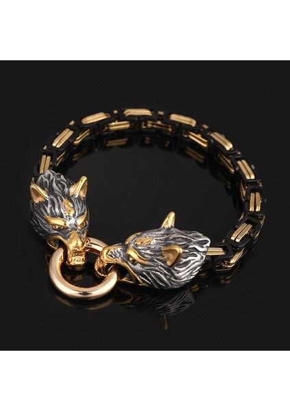 Siyah Altın 21 cm Iskandinav Viking Celtic Kurt Başkanı Bilezik Erkekler Paslanmaz Çelik Odin Kurt Bileklik Muska Asla Solmaz Altın Renk Kral Zincir Kaya Takı (Yurt Dışından)