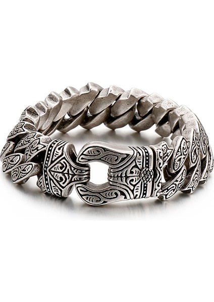 KB128122-BDJX 18.5 cm Fongten Vintage Bilezik Erkekler Için Benzersiz Oyma Küba Link Zinciri Paslanmaz Çelik Erkek Bileklik Bileklik Viking Moda Takı (Yurt Dışından)