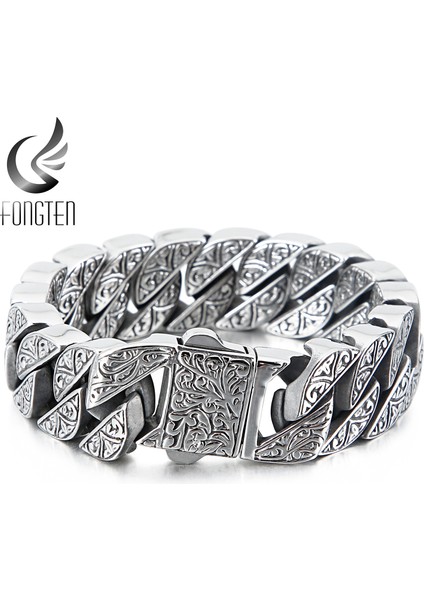 KB128122-BDJX 18.5 cm Fongten Vintage Bilezik Erkekler Için Benzersiz Oyma Küba Link Zinciri Paslanmaz Çelik Erkek Bileklik Bileklik Viking Moda Takı (Yurt Dışından) fiyatları