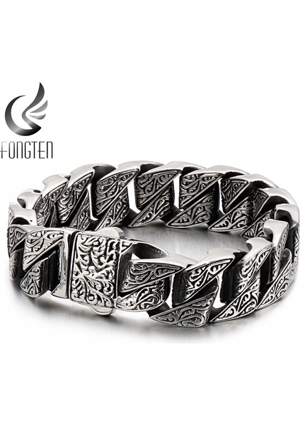 KB128122-BDJX 18.5 cm Fongten Vintage Bilezik Erkekler Için Benzersiz Oyma Küba Link Zinciri Paslanmaz Çelik Erkek Bileklik Bileklik Viking Moda Takı (Yurt Dışından) modelleri