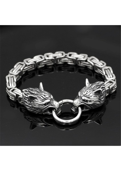 Çelik Siyah 19 cm Iskandinav Viking Celtic Kurt Başkanı Bilezik Erkekler Paslanmaz Çelik Odin Kurt Bileklik Muska Asla Solmaz Altın Renk Kral Zincir Kaya Takı (Yurt Dışından)
