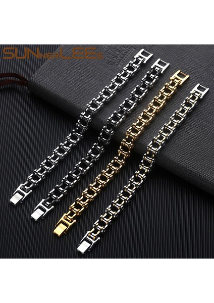Siyah 22MM x 22.5cm Sunnerlees 316L Paslanmaz Çelik Bilezik Bileklik Biker Bisiklet Motosiklet Link Zinciri Gümüş Renk Altın Kaplama Erkek Boy BC01 (Yurt Dışından) modelleri