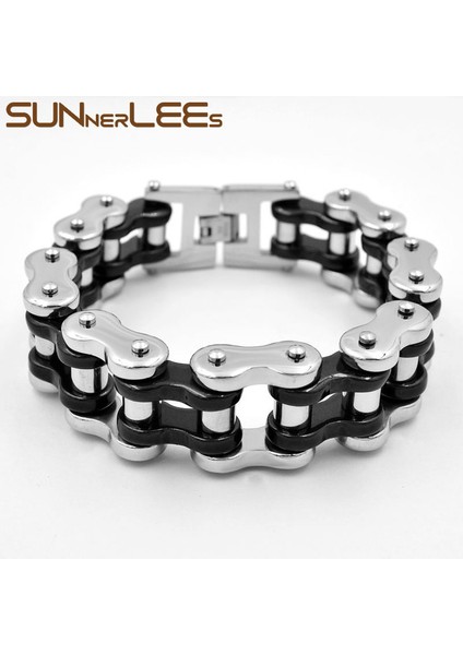 Gümüş-Siyah-02 22MM x 20 cm Sunnerlees 316L Paslanmaz Çelik Bilezik Bileklik Biker Bisiklet Motosiklet Link Zinciri Gümüş Renk Altın Kaplama Erkek Boy BC01 (Yurt Dışından)