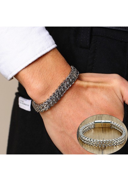 8.5mm Gümüş BR-644S 19.5 cm Vnox Vintage Oksitlenmiş Serin Çift Bordür Zinciri Bilezikler Erkekler Için Paslanmaz Çelik Punk Antik Kübik Tilki Kuyruğu Zinciri Erkek Pulseira (Yurt Dışından)