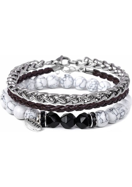 Beyaz Howlite 3 Adet/takım Punk Link Zinciri Bilezik Seti Erkekler Dilek Etiketi Charm Bilezik Labradorit Bakır Zincir Deri Bileklik Takı Homme (Yurt Dışından)