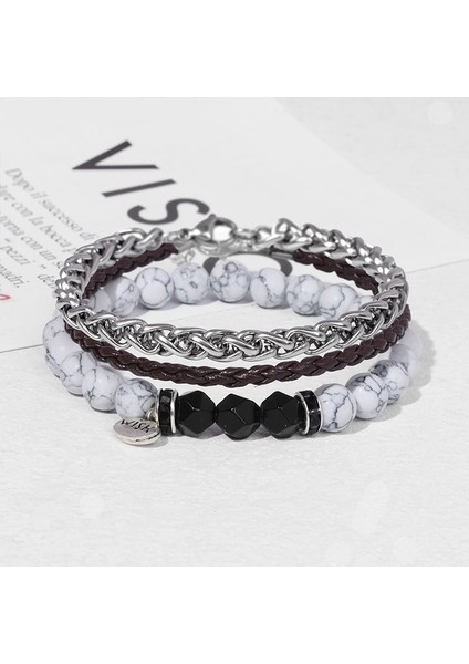 Beyaz Howlite 3 Adet/takım Punk Link Zinciri Bilezik Seti Erkekler Dilek Etiketi Charm Bilezik Labradorit Bakır Zincir Deri Bileklik Takı Homme (Yurt Dışından)