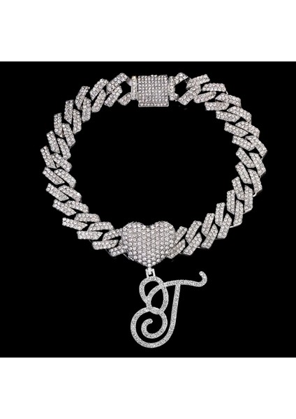 T Hip Hop Bling A-Z Cursive Ilk Harf Küba Zincir Bilezikler Kadınlar Için Buzlu Out Rhinestone Prong Küba Bilezik Trendy Takı (Yurt Dışından)