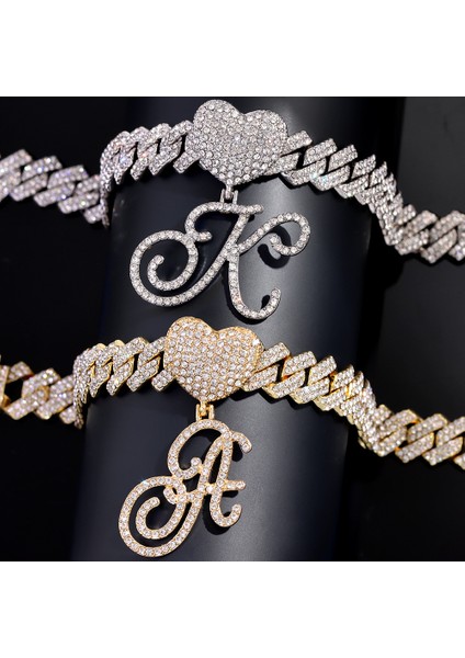 T Hip Hop Bling A-Z Cursive Ilk Harf Küba Zincir Bilezikler Kadınlar Için Buzlu Out Rhinestone Prong Küba Bilezik Trendy Takı (Yurt Dışından)