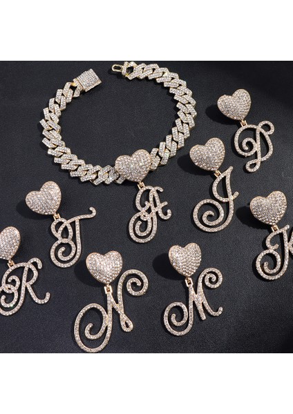 T Hip Hop Bling A-Z Cursive Ilk Harf Küba Zincir Bilezikler Kadınlar Için Buzlu Out Rhinestone Prong Küba Bilezik Trendy Takı (Yurt Dışından)