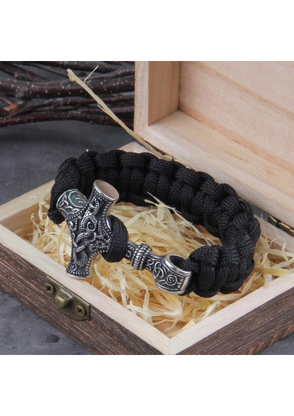 Gümüş 19 cm Paslanmaz Çelik Erkek Viking Mjolnir Deri Bilezik Thor Çekiç Bileklik Ahşap Kutu ile Iskandinav Mitolojisinde Runes Muska Takı (Yurt Dışından)