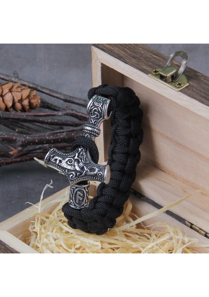 Gümüş 19 cm Paslanmaz Çelik Erkek Viking Mjolnir Deri Bilezik Thor Çekiç Bileklik Ahşap Kutu ile Iskandinav Mitolojisinde Runes Muska Takı (Yurt Dışından) indirimleri