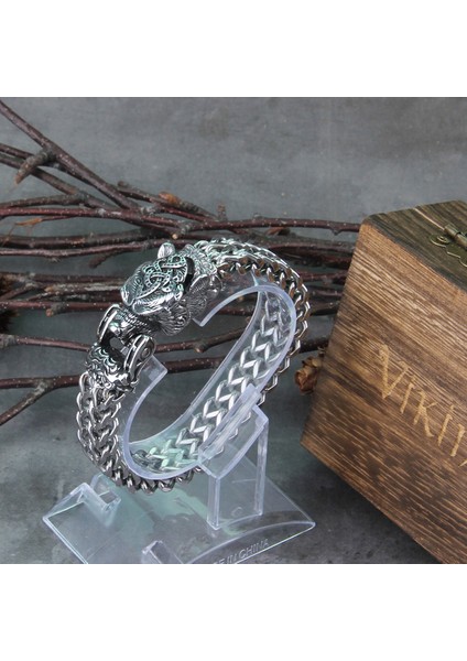 Rus Ayı 18 cm Solmaya Asla Kaya Viking Kurt Bilezik Erkek Paslanmaz Çelik Hasır Zincir Açabilir Kurt Ağzı Punk Bilezikler Biker Takı (Yurt Dışından)