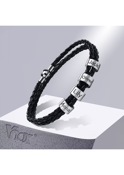 BL-649S-6 19 cm Vnox Ücretsiz Özel Ad Erkek Örgülü Hakiki Deri Bileklik Hediyeler Takı, Aile Isimleri ile Paslanmaz Çelik Boncuk Charm (Yurt Dışından)