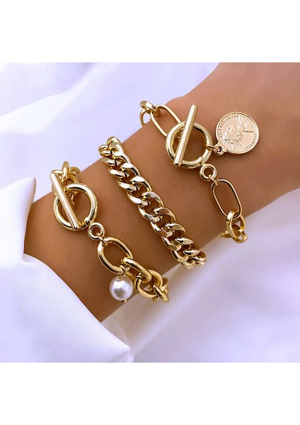 HSJ-15097 Zyzq Trendy Altın Metal Kalın Zincir Bilezikler Kadın Erkek Pentagram Kalp Boncuk Figaro Zincir Charm Bilezik Takı Seti (Yurt Dışından)