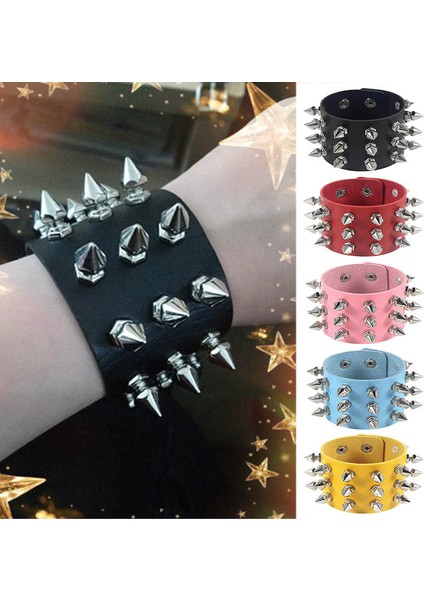 Pembe Gotik Benzersiz Üç Sıralı Kuspidal Sivri Perçin Damızlık Geniş Manşet Pu Deri Punk Gotik Kaya Unisex Bileklik Bileklik Erkekler Takı (Yurt Dışından)