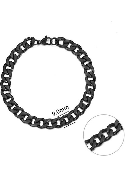 9mm Siyah 7.09 Inç 18 cm Jiayiqi 3-11 mm Erkek Zincir Bileklik Paslanmaz Çelik Curb Küba Link Zinciri Bileklik Erkek Kadın Hiphop Trendy Bilek Takı Hediye (Yurt Dışından)