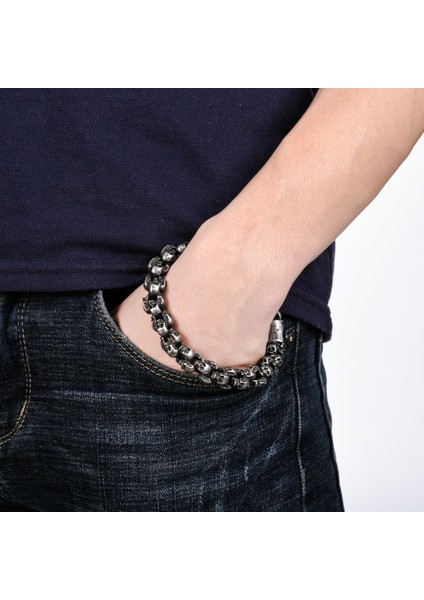 Fırçalanmış Gümüş 22.5cm Eyeyoyo Punk Kafatası Bilezikler Erkekler Paslanmaz Çelik Parlak Mat Kafatası Charm Link Zinciri Bilezikler Erkek Gotik Takı 2021 (Yurt Dışından)