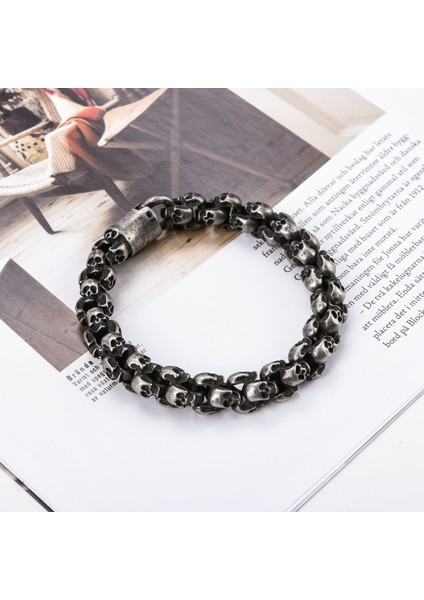 Fırçalanmış Gümüş 22.5cm Eyeyoyo Punk Kafatası Bilezikler Erkekler Paslanmaz Çelik Parlak Mat Kafatası Charm Link Zinciri Bilezikler Erkek Gotik Takı 2021 (Yurt Dışından)
