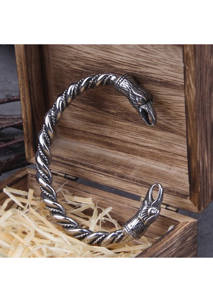 Stil 1 Paslanmaz Çelik Iskandinav Viking Iskandinav Kuzgun Bilezik Erkekler Bileklik Manşet Bilezikler Viking Ahşap Kutu ile (Yurt Dışından) fırsatları