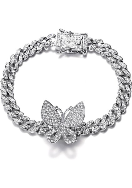 8mm Gümüş 18 cm Hip Hop Bling Buzlu Out Erkek Rapçi Bilezik Tam Rhinestone Açacağı Kelebek Miami Küba Link Zinciri Bilezik Erkekler Için Takı (Yurt Dışından)