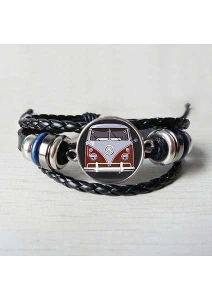 PSL1554 Yeni Retro Hippi Barış Işareti Fan Otobüs Deri Bilezik Moda Erkek ve Kadın Takı Dışbükey Yuvarlak Cam Siyah Bilezik (Yurt Dışından) fırsatları