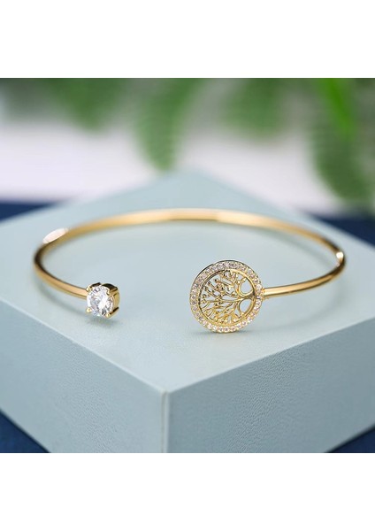 Altın Moda Hayat Ağacı Açık Bilezik Kadınlar Için Beyaz Zirkon Charm Altın Renk Bilezik Boho Takı Hediye Kadınlar Için Pulsera De Mujer (Yurt Dışından)