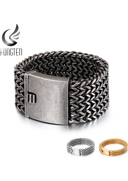 Vintage 30MM Genişlik 19 cm Fongten Örgü Link Zinciri Bilezik Erkekler Punk Vintage Metal Paslanmaz Çelik Erkek Bilek Bandı Charm Geniş Bilezikler Takı (Yurt Dışından) modelleri
