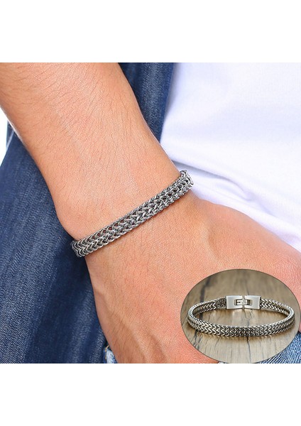 6.5mm Gümüş BR-642S 21 cm Vnox Vintage Oksitlenmiş Serin Çift Bordür Zinciri Erkekler Için Bilezikler Paslanmaz Çelik Punk Antik Kübik Tilki Kuyruğu Zincir Erkek Pulseira (Yurt Dışından)